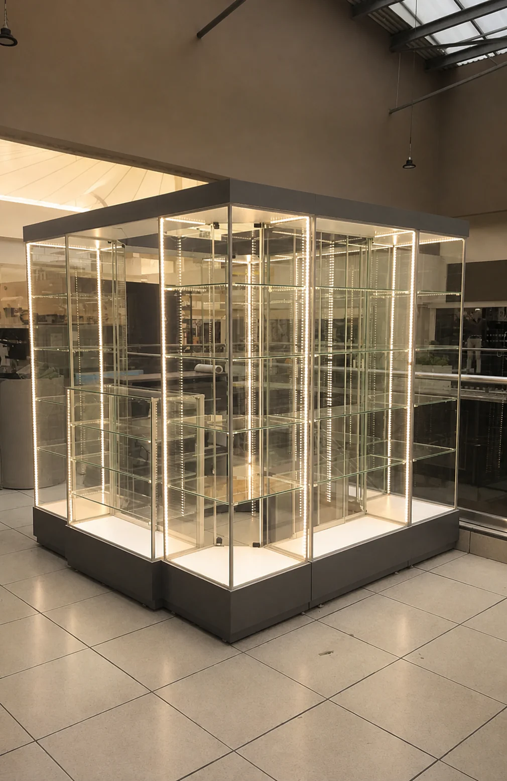 Vitrina comercial perimetral de vidrio con iluminación para punto de venta
