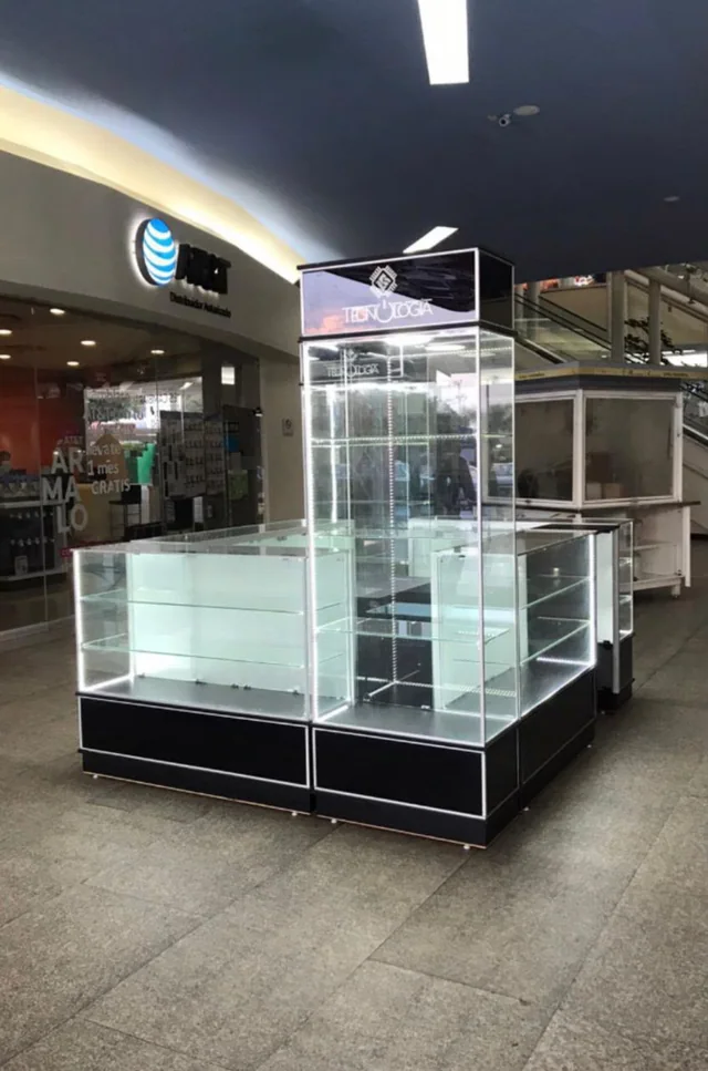 Vitrina de vidrio con estructura negra e iluminación superior