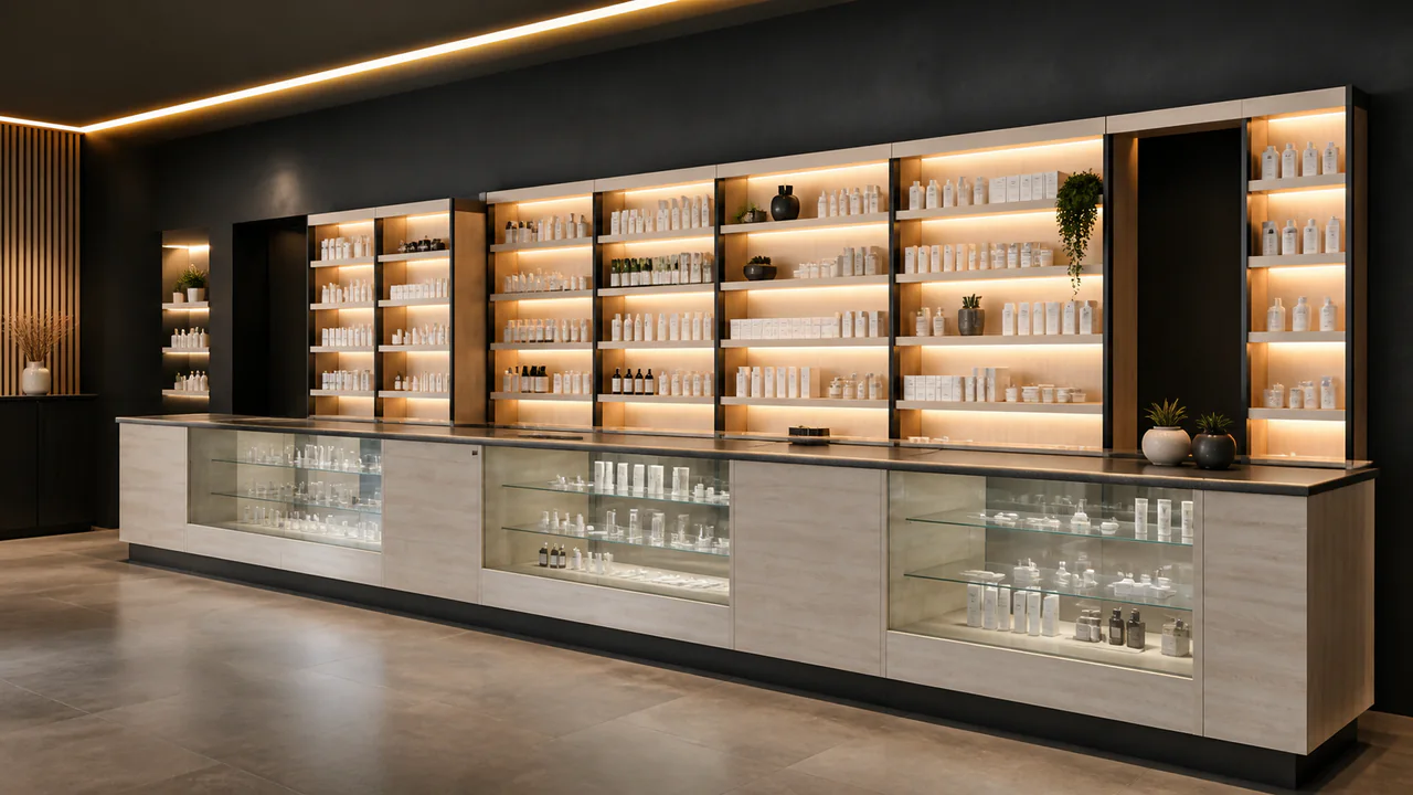 Anaqueles modulares para farmacia con señalización neutra e iluminación uniforme