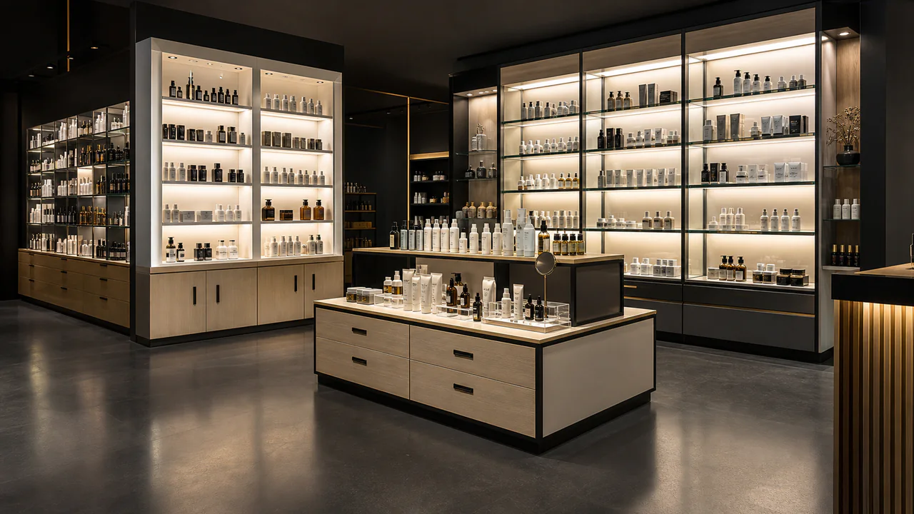 Módulo especializado de exhibición para farmacia con repisas regulables y resguardo