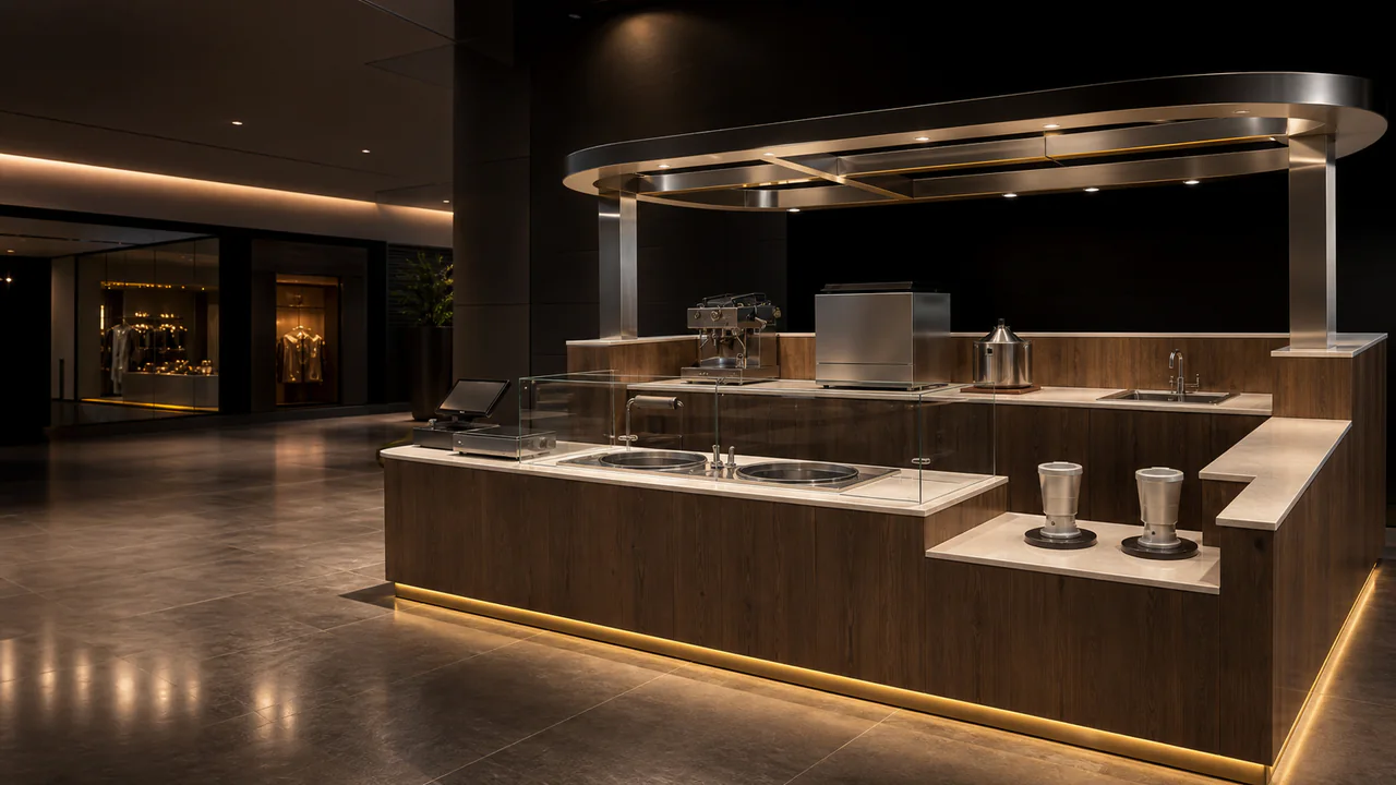 Kiosko de alimentos contemporáneo con barra de atención, vitrina e iluminación cálida