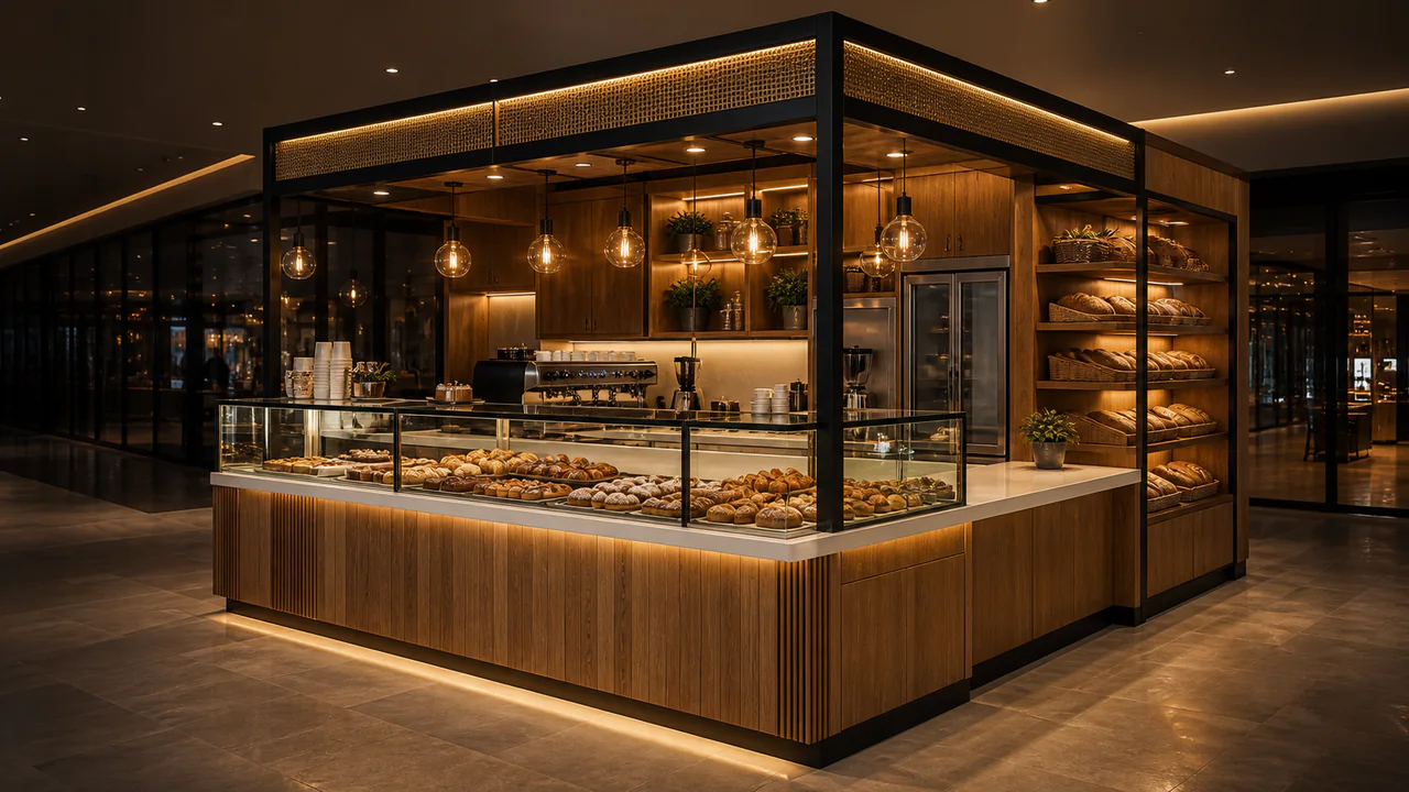 Kiosko de panadería con vitrinas para producto, almacenamiento y barra de atención