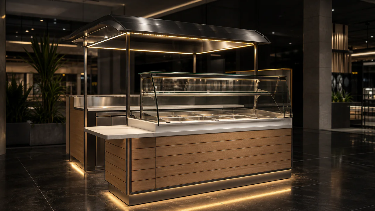 Vitrina refrigerada integrada a kiosko de alimentos con vidrio limpio e iluminación cálida