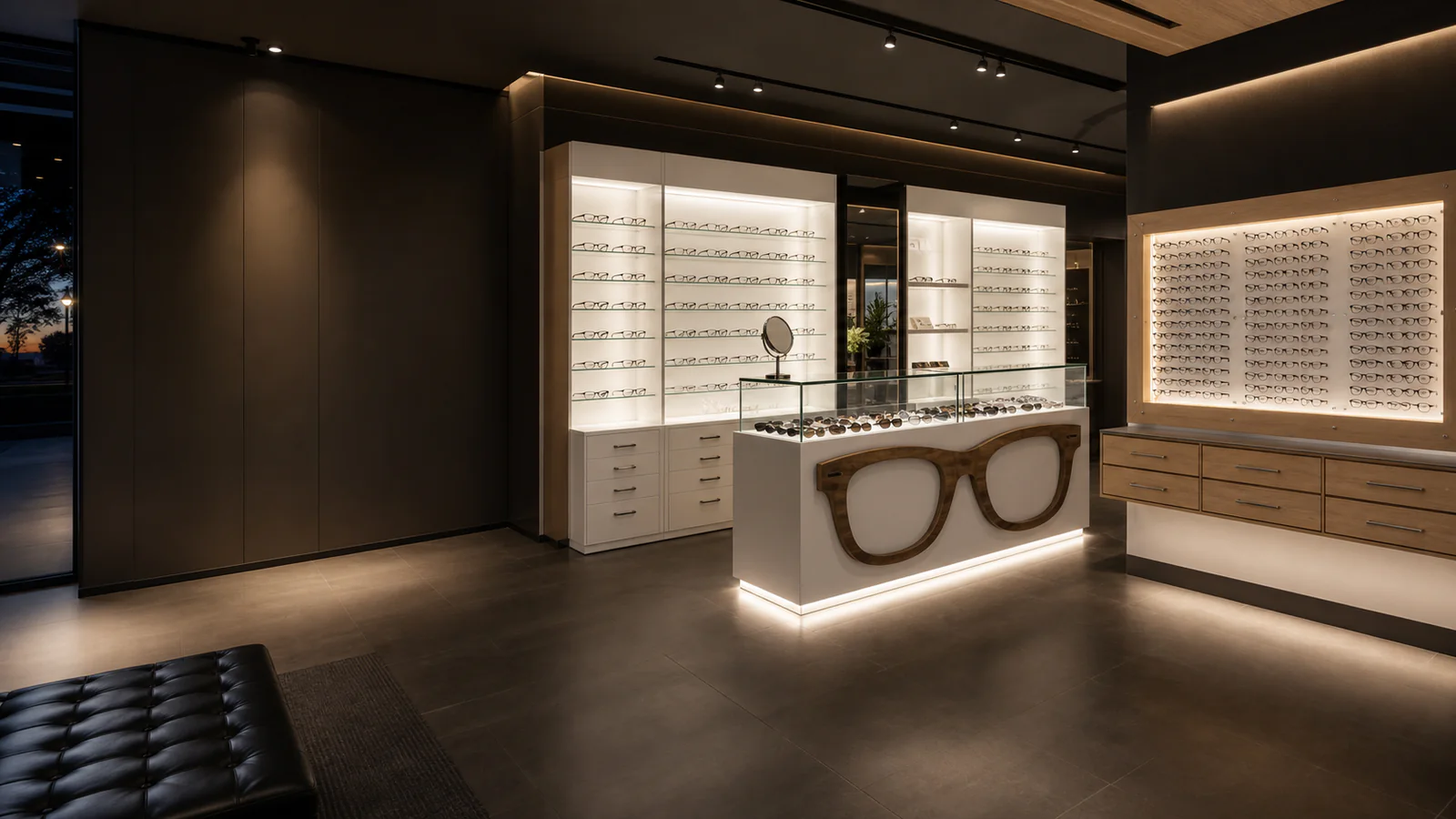 Óptica contemporánea con mobiliario perimetral negro, vitrinas iluminadas y acentos amarillos